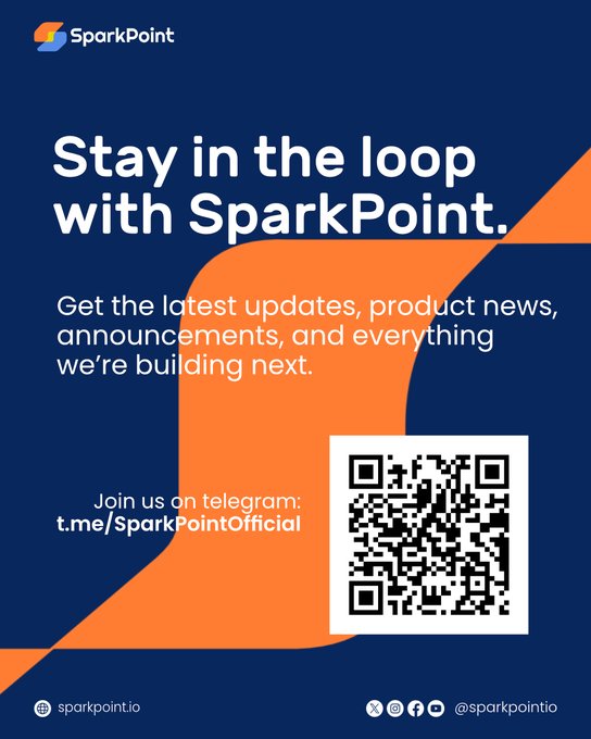 A promotional graphic for SparkPoint featuring a dark blue and orange design with the text "Stay in the loop with SparkPoint" and a Telegram QR code for t.me/SparkPointOfficial.