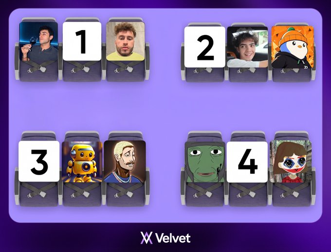 The image shows a game interface with four rows of seats labeled 1-4, each containing a mix of real people and cartoon/anime characters, representing different seating choices on a 10-hour flight from "Velvet" (a social media platform). Players must choose which row they'd sit in, with each row offering a different combination of personalities and characters.