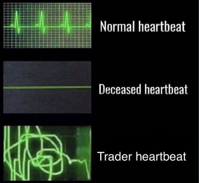 A meme showing three heartbeat EKG readouts labeled 'Normal heartbeat' (steady rhythm), 'Deceased heartbeat' (flatline), and 'Trader heartbeat' (chaotic scribbles).