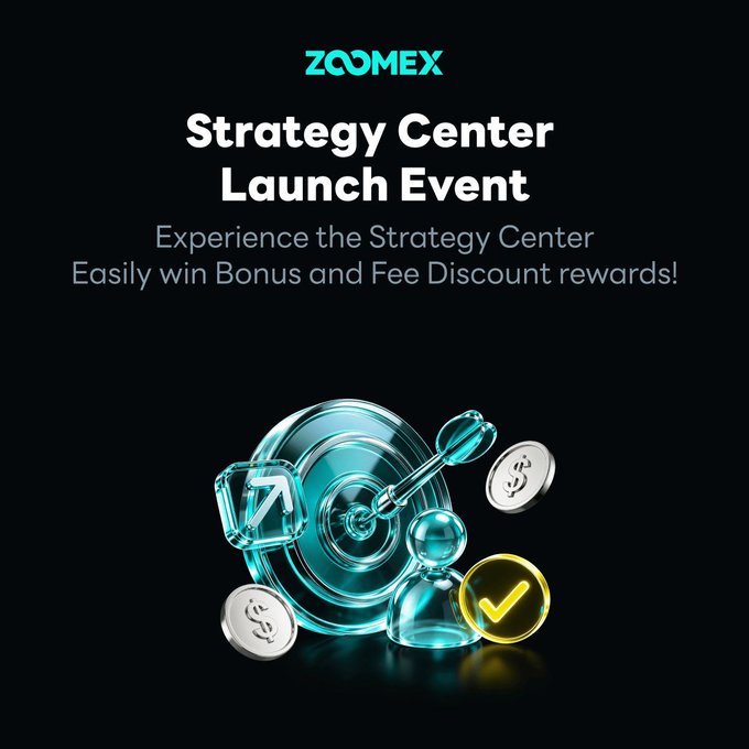 In the image, there are two targets that are placed against a black background - one silver target with a red bullseye on top and another yellow bullseye. In addition to these targets, there's also an arrow pointing upwards and some coins scattered around, possibly representing virtual currency. The image is related to a Zoomex strategy center launch event, which is now live on the platform. The event aims to teach people about investing in Cryptocurrencies and will offer an exciting experience for those interested in learning more about this topic. It provides details such as "BackTest", "BOLL", and "ETHUSDT Perps Up to ...", highlighting some of the features that visitors can expect during the live session.