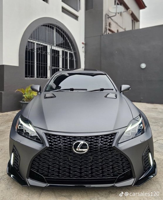 A matte gray Lexus with a prominent black mesh grille is parked in front of a building with an arched entrance.