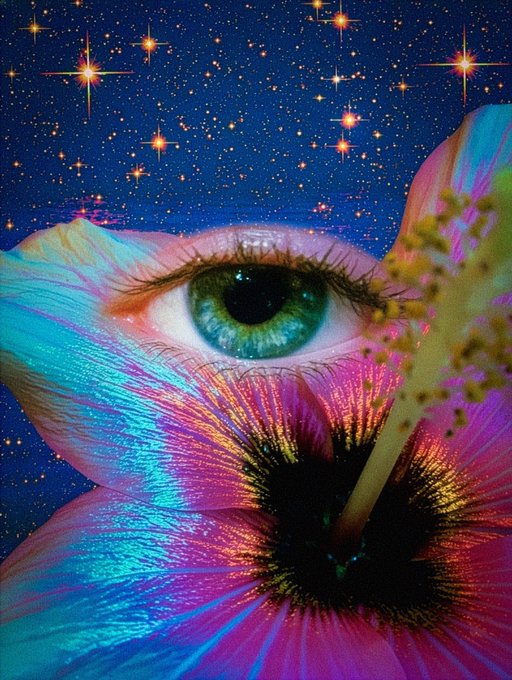 A surreal, colorful composite image featuring a close-up of a human eye seamlessly blending into the vibrant petals of a pink and blue hibiscus flower, set against a starry night sky.