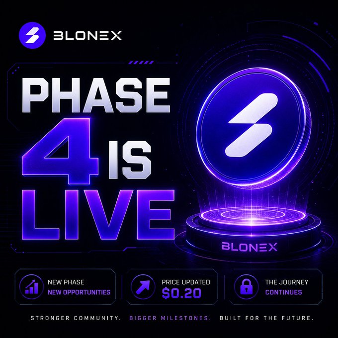 The promotional image for **Blonex** announces "PHASE 4 IS LIVE," featuring the Blonex logo and a price update of **$0.20**, along with key messages like "New Phase, New Opportunities" and "The Journey Continues," captioned with "Stronger Community. Bigger Milestones. Built for the Future."

This perfectly aligns with the post's message, as Phase 4 represents the next step in Blonex's structured, long-term ecosystem-building journey—reinforcing the idea that real progress comes from patience, consistency, and laying foundations before chasing hype.