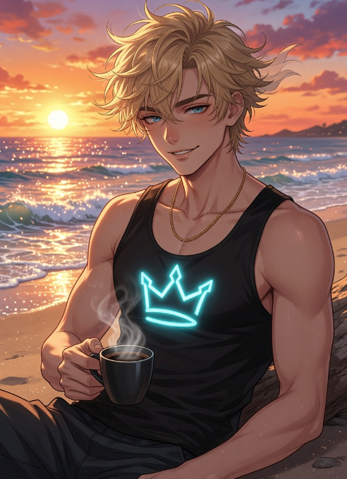 A blond anime-style man sits on a beach at sunset, holding a steaming coffee mug, wearing a black tank top featuring a glowing neon crown graphic.

The image doesn't directly relate to the post about AI and @CNPYNetwork infrastructure, though the relaxed beach scene visually complements the "Good morning / Have a nice day" greeting at the start of the message.