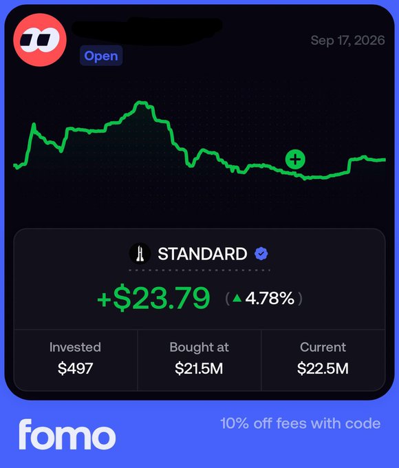 A Fomo app screenshot shows a +$23.79 gain (+4.78%) on the $STANDARD token, with $497 invested, bought at $21.5M, and currently at $22.5M, supporting the post's bullish breakdown of its shrinking supply and upcoming price pump.