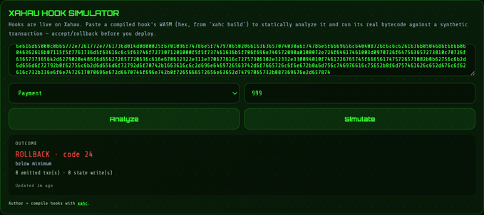 The image displays a screenshot of an Xahau Hook emulator's interface. It shows two columns of text with various options and commands written below them. The first column contains instructions for analyzing code using the hook toolchain, while the second column focuses on what to do before deploying the hooks in production. The screenshot also includes a link to the original post that provides additional information about the Xahau Hook toolchain and its features.