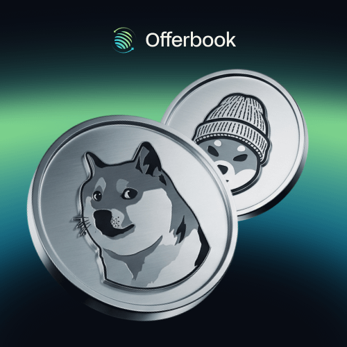 The image features two coins, one with a dog face and the other with an alien face. Both coins are silver in color. They appear to be placed next to each other against a black background. The text "Jupiter Offerbook" is written above the coins, indicating that these coins might be related to the Jupiter cryptocurrency exchange or offer.