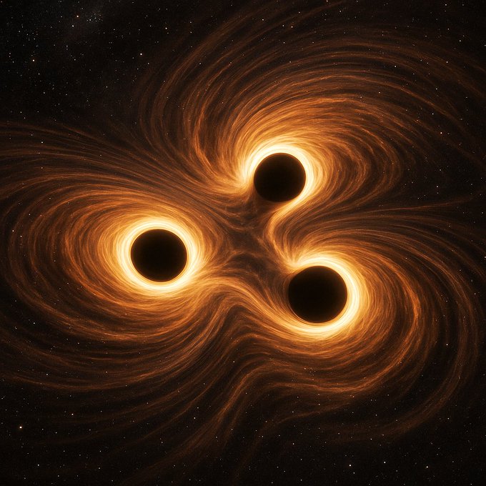 A digital artwork depicts three glowing black holes surrounded by swirling orange and golden streams of matter, illustrating the chaotic "Three Body Problem" referenced in the post, which ties the number 183 to both the "Three Body Problem" and "XRP to the Moon."