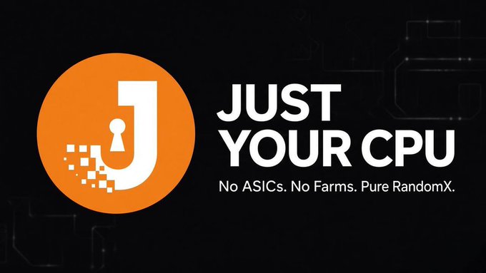 A logo featuring an orange circle with a white 'J' design and the text "JUST YOUR CPU - No ASICs. No Farms. Pure RandomX."