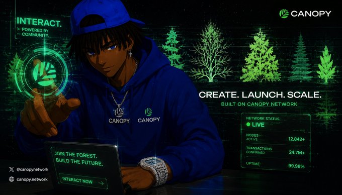 The image features a cartoon man wearing a blue hoodie with a white cap sitting at a desk using a laptop that appears to be part of an interactive online platform promoting Canopy Network's State Machine. This state machine ensures that all changes to the network are enforced uniformly, emphasizing its role in maintaining order and compliance within the system. The post suggests connecting with the expert, and it has a link to another webpage showcasing how people can join this network to participate in creating blockchain technology.