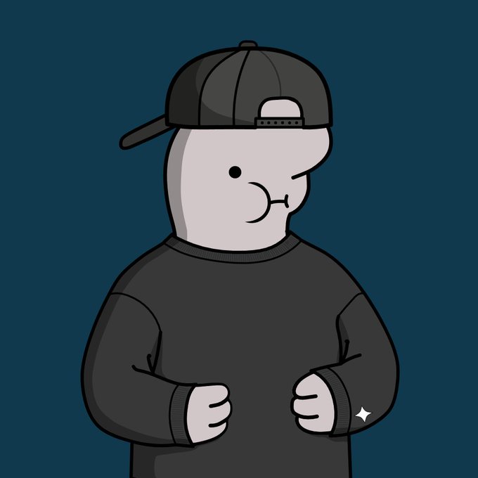A cartoon illustration of a smiling gray character wearing a backward black baseball cap and a black sweatshirt against a dark teal background.