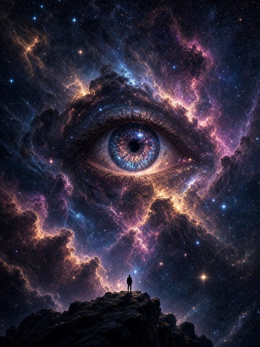 A surreal cosmic artwork featuring a giant eye formed by nebulae and stars, with a small figure standing on a rocky outcrop gazing up at it.