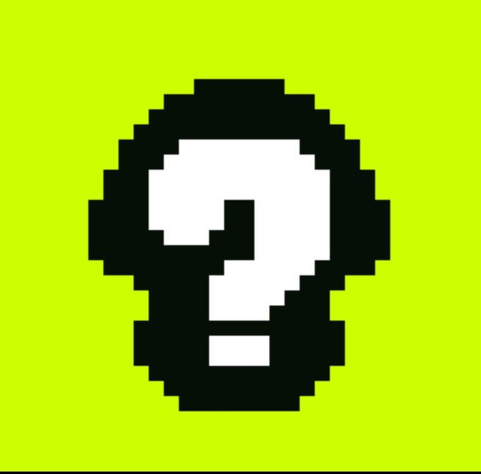 A pixel art question mark icon in black and white on a bright lime green background.