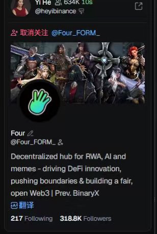 The image shows a deleted Twitter/X post by Yi He (@heyibinance) featuring a profile preview for Four (@Four_FORM_) with a description reading "Decentralized hub for RWA, AI and memes - driving DeFi innovation, pushing boundaries & building a fair, open Web3 | Prev: BinaryX," displaying 318.8K followers. The caption likely refers to the fact that Yi He (co-founder of Binance) appeared to have accidentally clicked "unfollow" on Four's account, given the "取消关注" (unfollow) notification and the previous error.