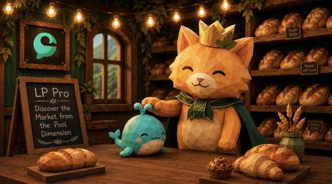 A whimsical bakery scene featuring a crowned cat figurine and a small blue whale mascot beside a chalkboard reading 'LP Pro - Discover the Market from the Pool Dimension'.