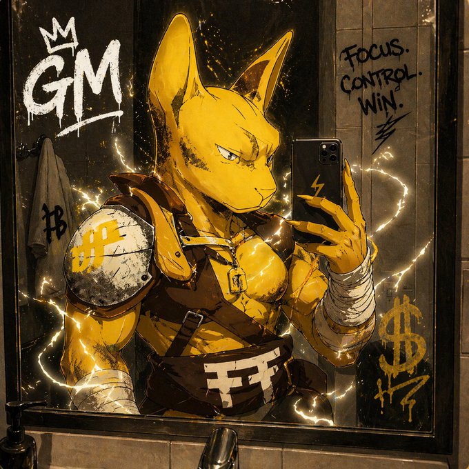 A stylized comic-book illustration of a yellow anthropomorphic feline character taking a mirror selfie, surrounded by graffiti reading 'GM', 'Focus. Control. Win.', and dollar signs.