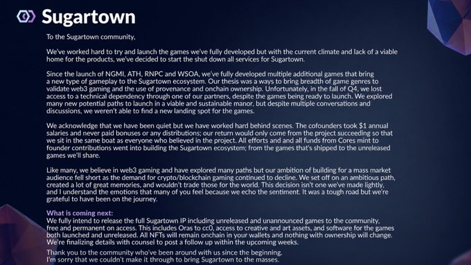 A message to the Sugartown community announcing the shutdown of services and plans to release the full IP including unreleased games to the community.