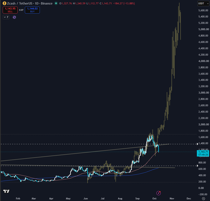 A Zcash (ZEC) / TetherUS chart on Binance showing a 1-day candle view, with the price near $1,143 and a massive historical spike reaching nearly $5,600, indicating a current -13.88% decline.