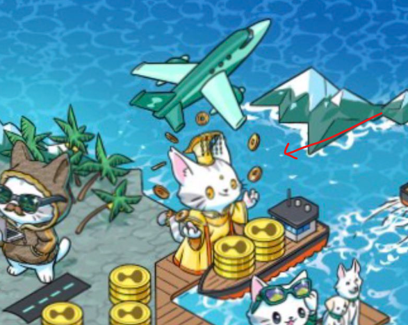 A cartoon illustration featuring anthropomorphic cats, including a cat dressed as a pharaoh surrounded by gold coins, an airplane, and mountains, with a red arrow pointing to a cat.