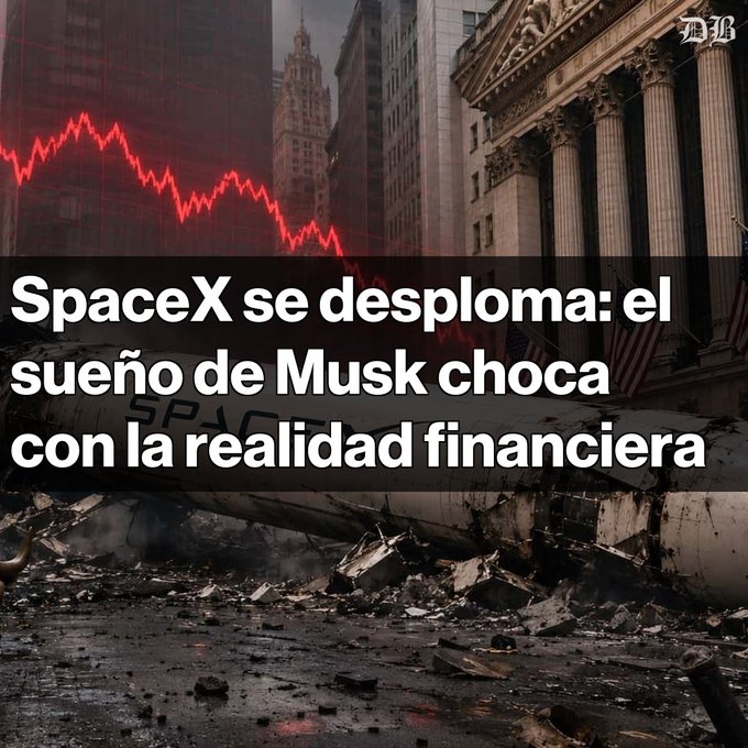 A dramatic newspaper-style graphic featuring a falling red stock chart over a city skyline with classical columns and debris, headlined in Spanish: 'SpaceX se desploma: el sueño de Musk choca con la realidad financiera'.