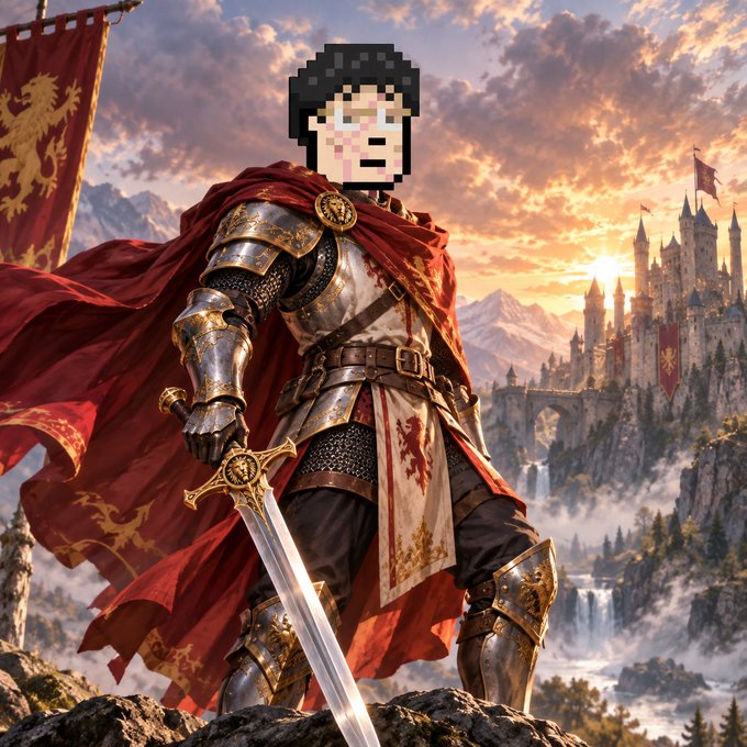 An illustration of an armored knight with a flowing red cape holding a sword, standing before a castle; the knight's face is obscured by a pixelated emoji.