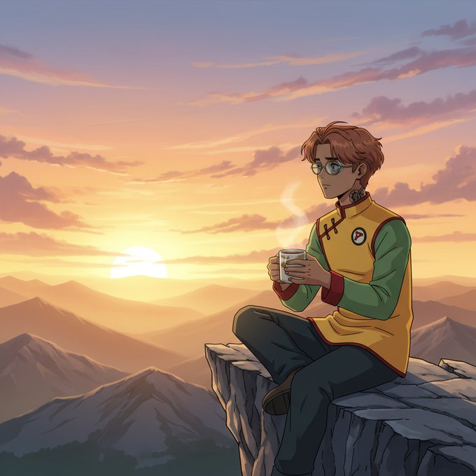 The image features a man sitting on top of a cliff at sunset, holding a cup of coffee. The scene takes place against a beautiful backdrop of mountains under the warm glow of the setting sun. The man appears to be enjoying his time and taking in the breathtaking view.