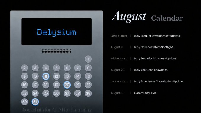 A digital calendar device displays 'Delysium' in blue pixelated text, with the August schedule listing events such as 'Lucy Product Development Update' and 'Community AMA'.