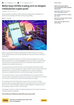 A CoinDesk article titled "BitGo buys NYDIG trading arm to deepen institutional crypto push" with a BitGo logo image.