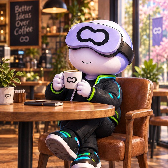 A 3D-rendered mascot character wearing a purple VR headset and dark clothing, sitting at a wooden café table holding a branded coffee mug, with a "Better Ideas Over Coffee" sign in the background.