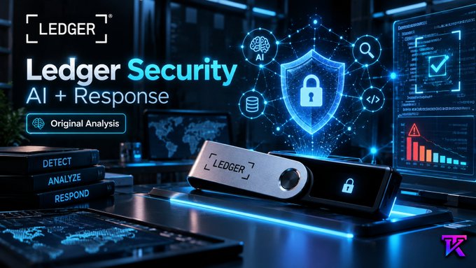 A promotional graphic for 'Ledger Security AI + Response', featuring a Ledger hardware wallet on a desk with glowing blue security icons and the 'Original Analysis' badge.