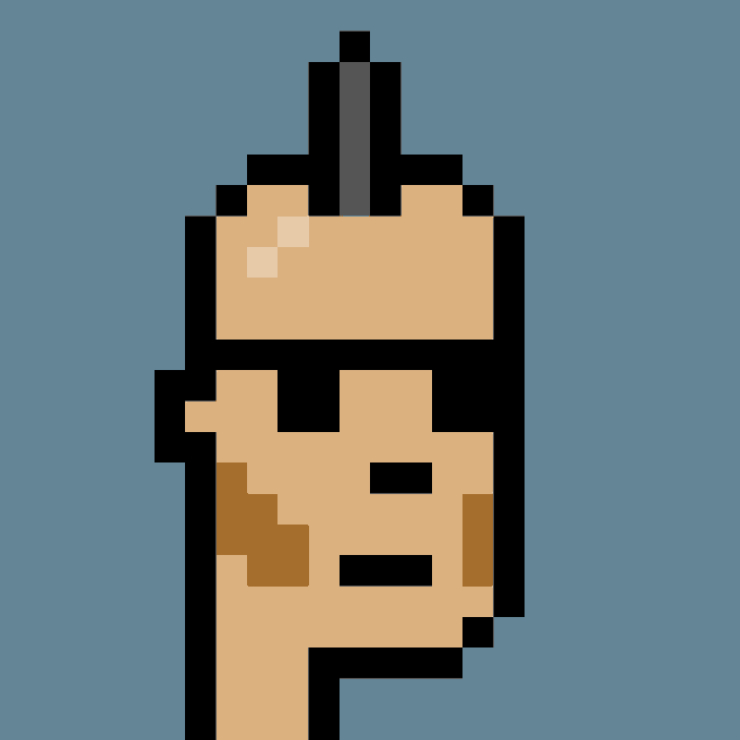 Pixel art style rendering of a finger pointing upward, representing CryptoPunk #5842, which was purchased for 33.94 ETH (approximately $53,500 USD). The image shows the classic 8-bit aesthetic typical of the CryptoPunks NFT collection against a blue background.