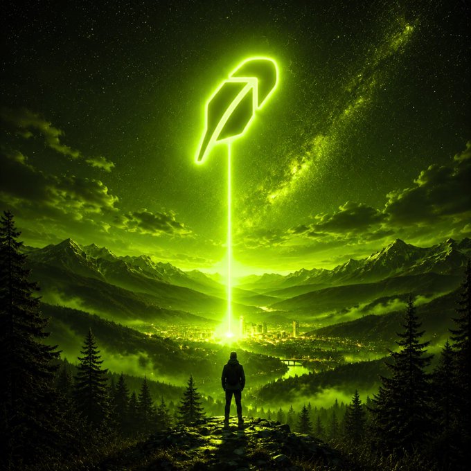 A hooded figure stands silhouetted on a rocky outcrop, gazing up at a glowing green rocket soaring toward a starry sky above a distant valley town, symbolizing the search for the next crypto project to deliver massive returns. The neon rocket imagery visually represents the post's question about which Robinhood-listed token could yield a 100x gain.