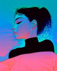 The image features a woman with long dark hair wearing a black top. She has her eyes closed and appears to be sleeping or resting peacefully. The background of the image is blue, which contrasts with the pink shirt she's wearing. There are also some lights in the background that add to the overall atmosphere of the scene.