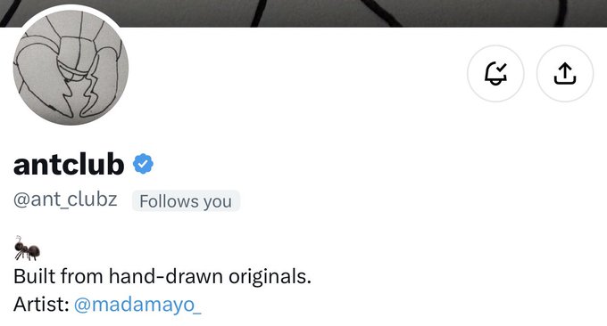 A Twitter/X profile for "antclub" (@ant_clubz) with a verified badge, showing the bio: 'Built from hand-drawn originals. Artist: @madamayo_' alongside an ant logo avatar.