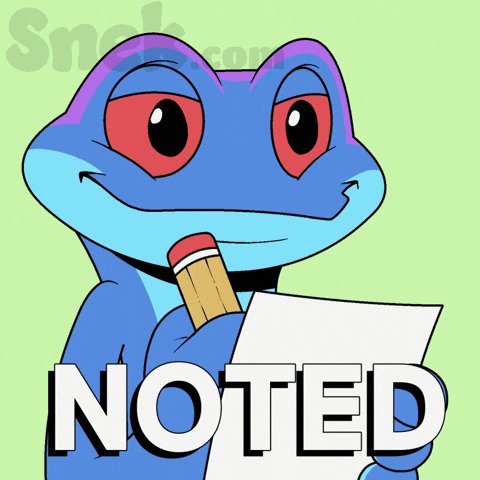 The image features a cartoon frog holding a piece of paper with the word "NOTED" written on it, along with an exclamation mark. The text "IN $SNEK we trust." is also present in the image. This suggests that the image might be related to a discussion or review about the quality of work done by someone named "NOTED".