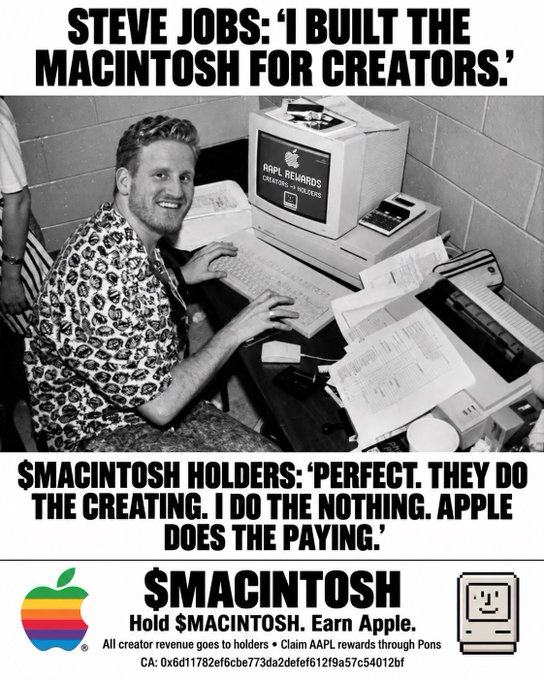 A satirical meme featuring a man at a vintage Macintosh computer with text: 'STEVE JOBS: I BUILT THE MACINTOSH FOR CREATORS.' and 'SMACINTOSH HOLDERS: PERFECT. THEY DO THE CREATING. I DO THE NOTHING. APPLE DOES THE PAYING.' — parodying crypto holdings.