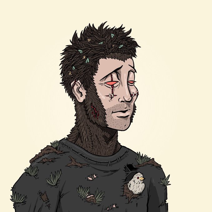 A digital illustration of a man with spiky hair and a thick beard, wearing a torn black shirt overgrown with grass and small mushrooms, with a tiny white bird perched on his chest and leaves tangled in his hair.