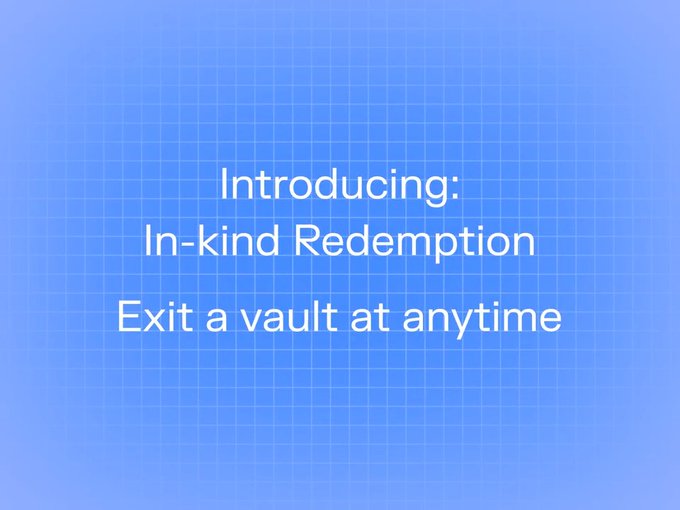 The image displays a blue gradient background with graph paper-style gridlines and white text reading: "Introducing: In-kind Redemption - Exit a vault at anytime." It serves as an announcement graphic for Morpho Vaults' new in-kind redemption (IKR) feature, visually emphasizing the user-centric principle that depositors maintain control and can withdraw from vaults at any time by redeeming directly into the underlying market assets when liquid redemption isn't available.