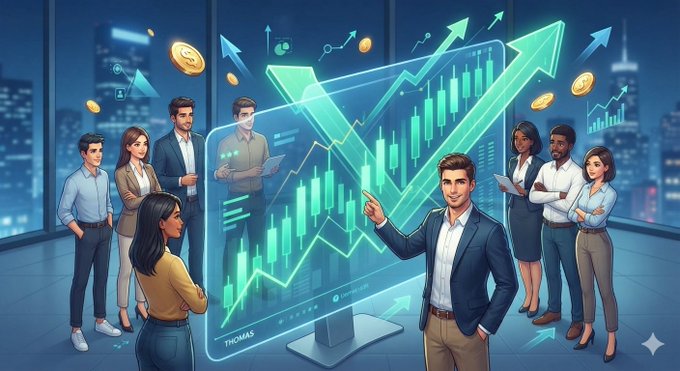 An AI-generated illustration of diverse business professionals gathered around a large glowing screen displaying rising green stock charts and arrows.