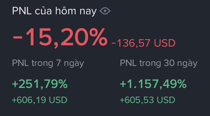 A cryptocurrency trading performance dashboard in Vietnamese, showing a daily PNL of -15.20% (-136.57 USD), a 7-day PNL of +251.79% (+606.19 USD), and a 30-day PNL of +1,157.49% (+605.53 USD).