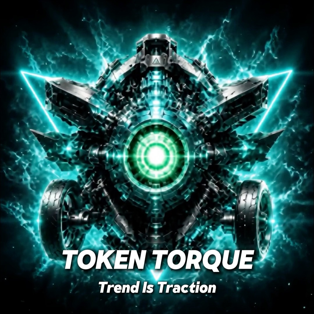 The image features a sleek, futuristic robotic machine with glowing teal energy radiating around it, centered around a bright green core and flanked by large wheels, symbolizing power and momentum. Bold text reads "TOKEN TORQUE" with the tagline "Trend Is Traction" beneath it, visually representing the post's message of committing to strong, directional token-driven trading trends.