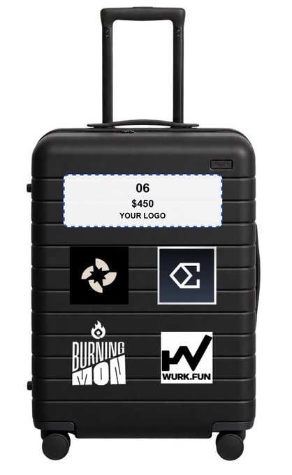 A black suitcase with extended handle displaying a '06 / $450' sticker with 'YOUR LOGO' text, along with stickers for 'BURNING MON' and 'HW WURK.FUN'.