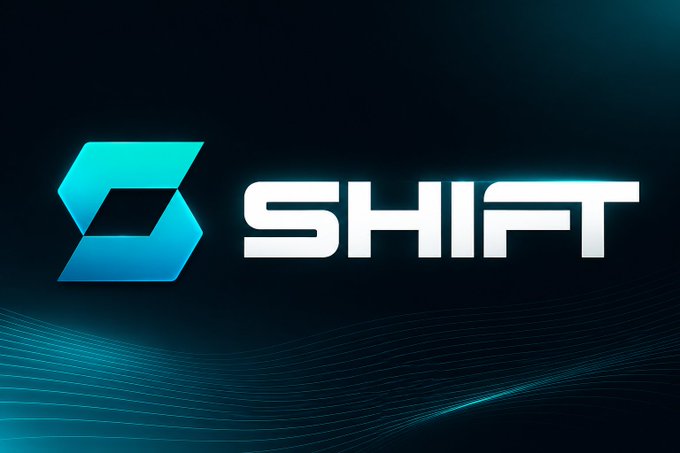 The image displays the "SHIFT" logo, featuring a stylized teal-to-blue gradient hexagonal "S" icon alongside bold white "SHIFT" text, set against a dark background with flowing cyan wave lines. This branding aligns with the post's introduction of @ShiftRWA as an infrastructure-focused project bridging traditional assets with decentralized finance, reinforcing the sleek, tech-forward identity central to the message.