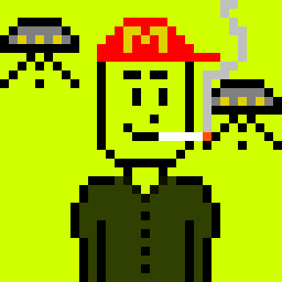 Pixel art of a smiling character wearing a red cap and smoking a cigarette, with yellow UFOs hovering on a bright green background.