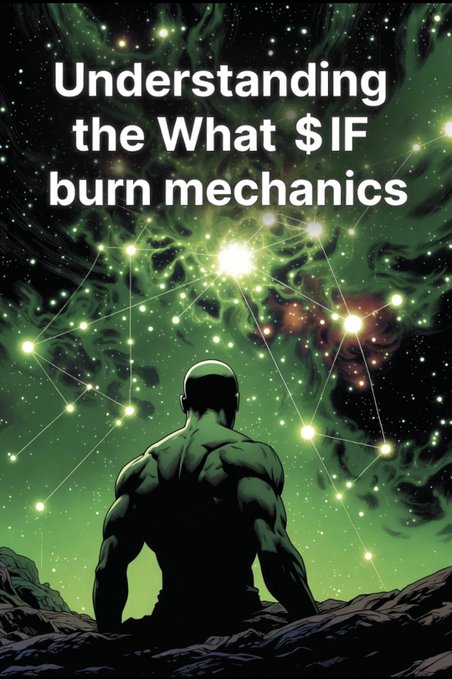 A muscular figure sits on a rocky surface gazing at a constellation-like network of glowing stars against a green cosmic backdrop, with the text "Understanding the What $IF burn mechanics" overlaid—visually framing the post's explanation of how nearly 9% of the $IF token supply has been permanently removed from circulation through a manual burn mechanism.