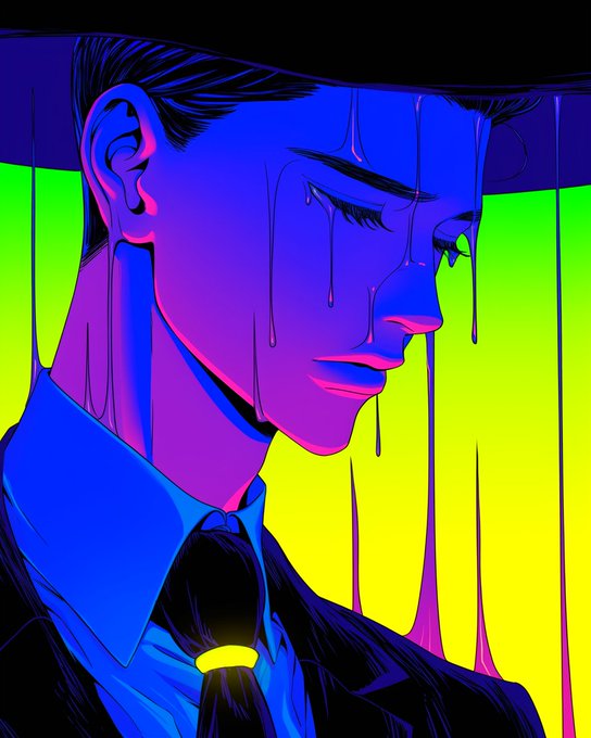 A stylized digital illustration of a man in a blue shirt and tie, with purple and green coloring, appearing to be sweating or melting against a vibrant neon background.
