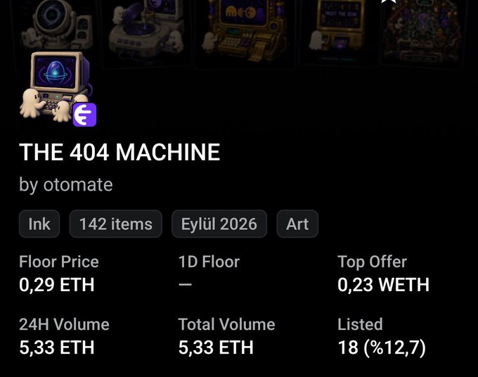 An NFT marketplace listing for a collection called 'THE 404 MACHINE' by otomate, showing 142 items, tagged with 'Ink' and 'Art,' with a floor price of 0.29 ETH and 24H Volume of 5.33 ETH.