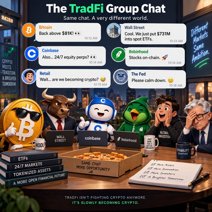 A illustrated group chat titled 'The TradFi Group Chat' featuring cartoon mascots for Bitcoin, Coinbase, and Robinhood alongside Wall Street, Retail, and Fed characters, with chat messages and the tagline 'TradFi isn't fighting crypto anymore. It's slowly becoming crypto.'