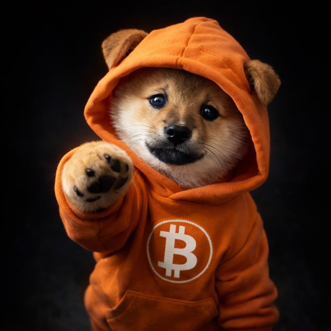 An adorable Shiba Inu puppy wearing an orange hoodie featuring the Bitcoin "₿" logo, pointing one paw toward the viewer. The image ties into the post's call to action with the Shiba dog (meme culture mascot for crypto) and Bitcoin branding promoting $DOG alongside Bitget's GracyBitget.
