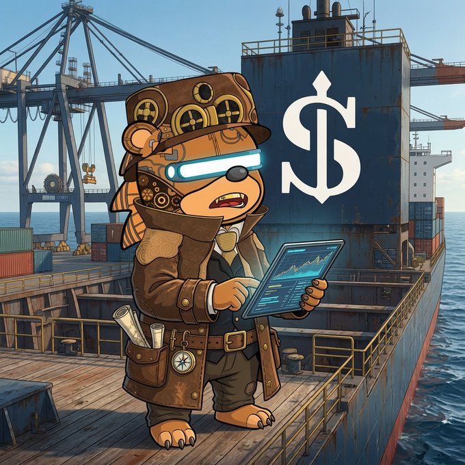 A steampunk-style anthropomorphic bear wearing goggles, a top hat, and a brown coat holds a tablet displaying a financial chart while standing on a shipping dock with cargo containers and a large dollar sign on a ship hull in the background.